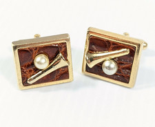 Vintage Gold Tone Golf Tee Ball Square Brown Cufflinks 