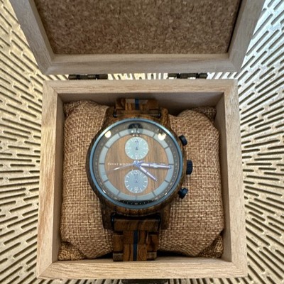 Avant Wood Chronograph Brown Blue Wood Grain Dial Date Metal Wood Bracelet Watch