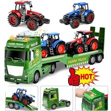 Large Farm Flatbed Truck With 2 Tractors Lights Sound Trailer Toy with Tractor