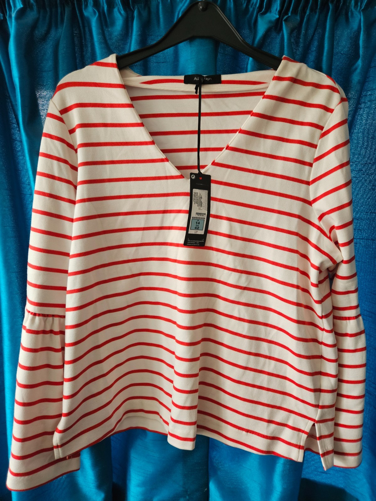 Marks & Spencer Autograph Top UK 14 – Red Stripe V Neck Flared Bell Sleeve top