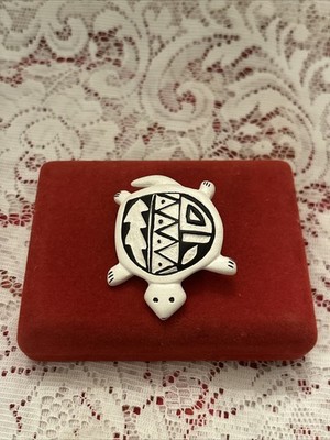 Native American Hand Painted Turtle Brooch~Pin~Signed N Miller~Acoma NM