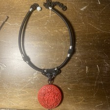 Chinese Carved Red Cinnabar Necklace With Glass Bead woven band