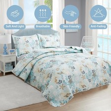 3-Piece Coastal Beach Bedspread Set Full/Queen Quilt Set Blue Ocean Theme Bed...