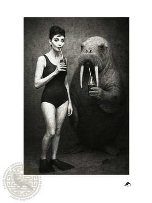 Die Badenden Walross & Frau, surreal - A4 Kunstdruck auf Hahnemühle   Art Print
