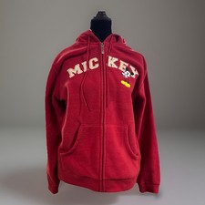 VTG Disney Mickey Mouse Full Zip Hoodie Embroidery Satin Zipped Hood Fleece M