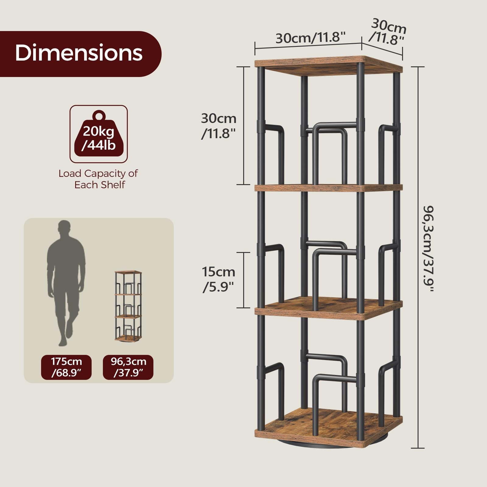 3-Tier Rotating Bookshelf Freestanding Corner 360° Spinning Bookcase Industrial