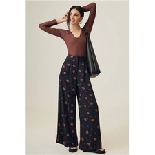 FARM Rio Anthropologie Strawberry Wide Leg Pants Black Red Size Large Boho Chic