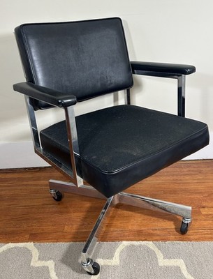 Vintage 60s Steelcase Chrome Faux Leather Swivel Arm Rest Office Chair MCM  USA