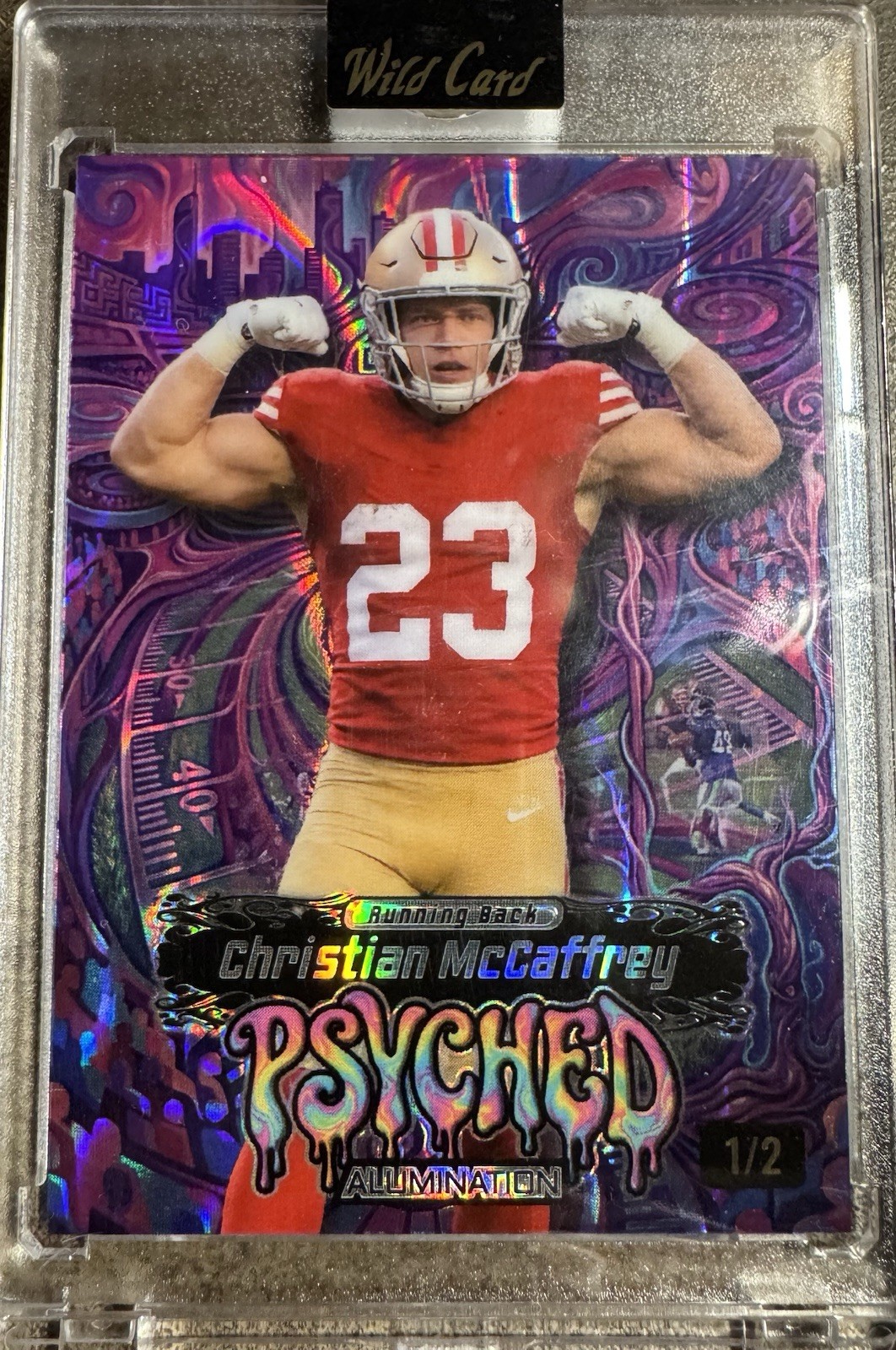 2026 Wild Card Alumination Psyched Christian McCaffrey 1/2 Purple Shock 49ers