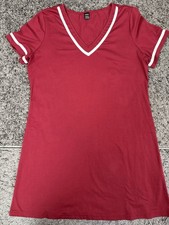 SHEIN Solid Red/White V-Neck A-Line Short Dress L Cotton Short Sleeve Trim