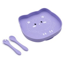 Baby Bubidoodo Feeding Set, 3PCS Silicone Plate / Fork / Spoon for Toddler -Cat