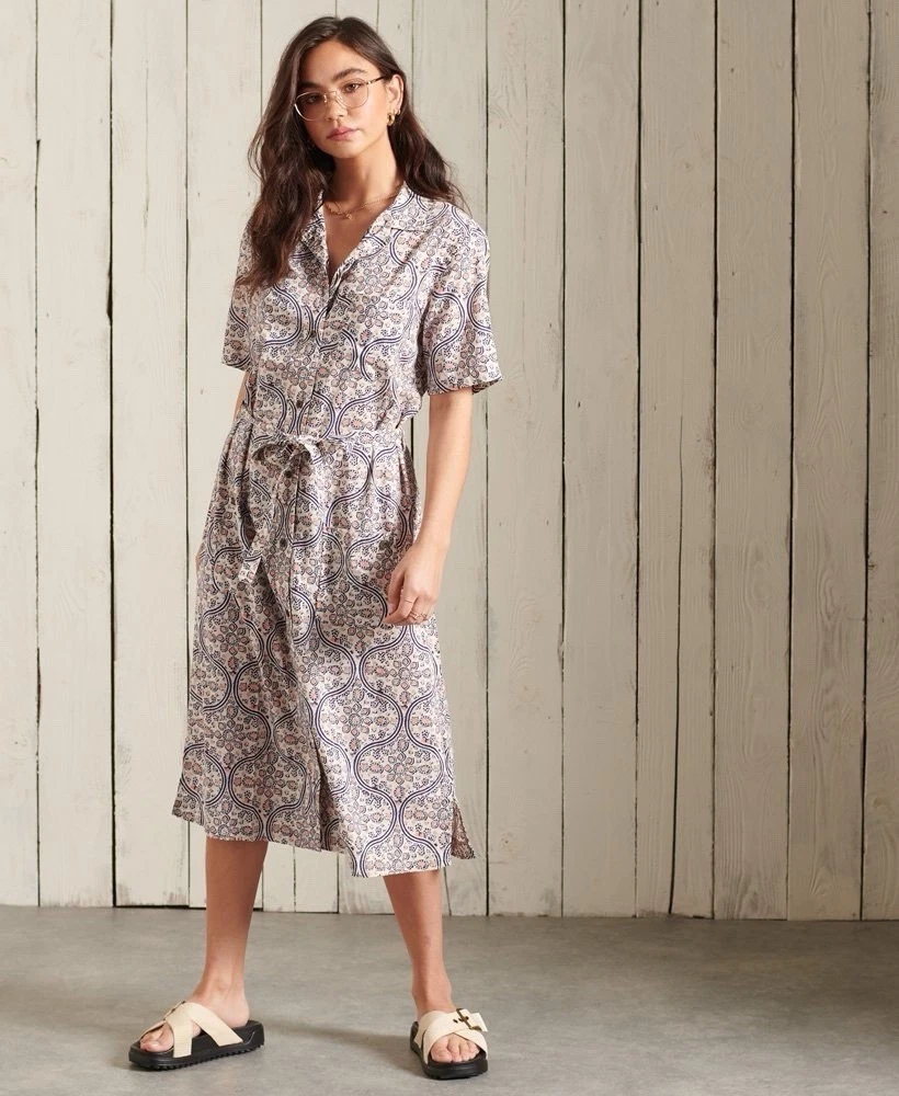 knee length dresses for ladies Superdry Long Sleeve Tiered Midi Dress Blue Alma Floral Mix