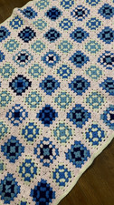 Vintage Handmade Blue Pink Crochet Afghan Granny Square Baby Blanket 44 x 64