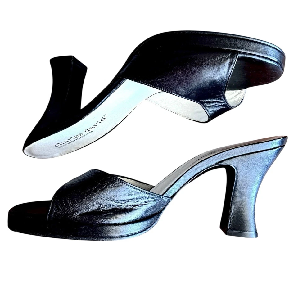 Tacones deslizables plataforma Charles David vintage talla 8 negros punta abierta retro boho gótico Foto 4 de 4
