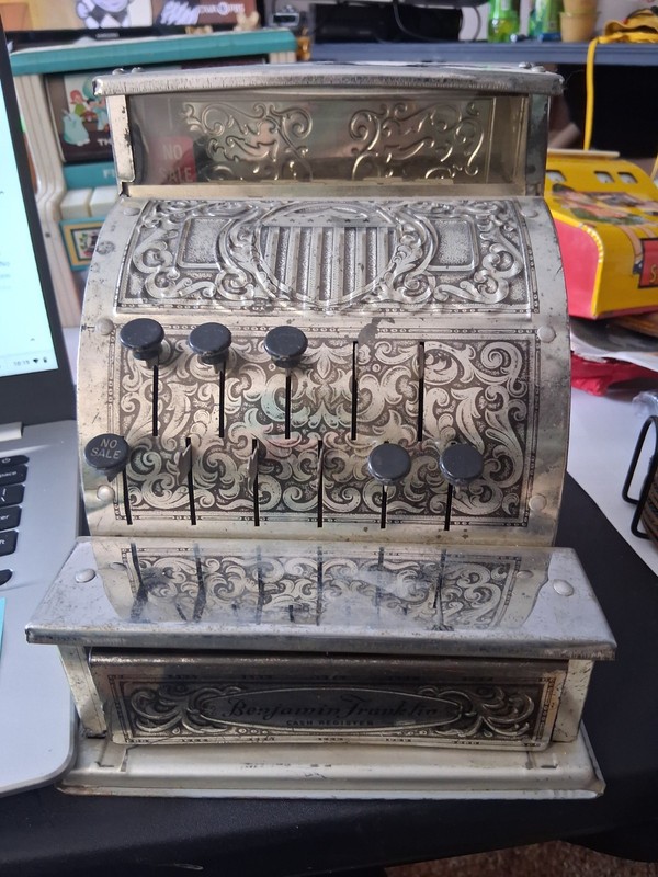 Benjamin Franklin Ornate Tin Miniature Collectible Cash Register with Play Money