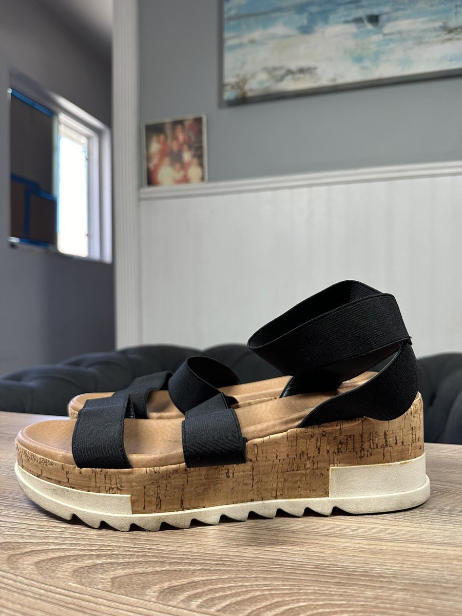 Steve Madden Bandi Platform Sandal Wedge Black Elastic Strap Cork Women’s 