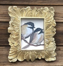 Black-Capped Chickadees mini gold ornate framed print of watercolor painting