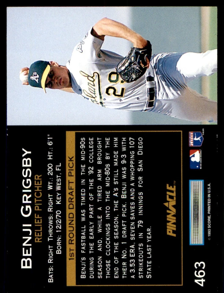1993 Pinnacle Benji Grigsby RC Oakland Athletics #463 - Image 2 of 2