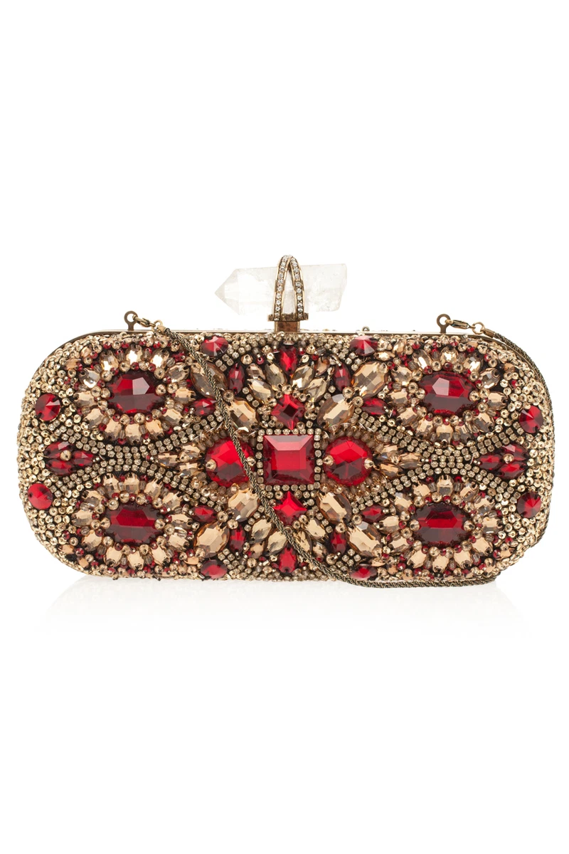 3.8K Marchesa ruby red and gold Lily Embroidered Clutch evening