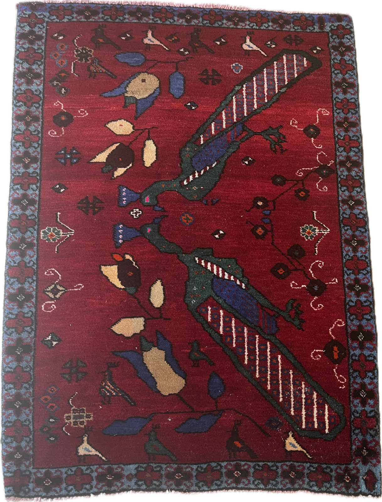 Vintage Oriental Rug 90x60cm - Stylized Peacocks Design - Handmade