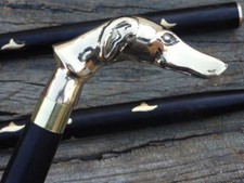 Antique Walking Stick Brass Victorian Dog Head Handle Wooden Vintage Style Cane
