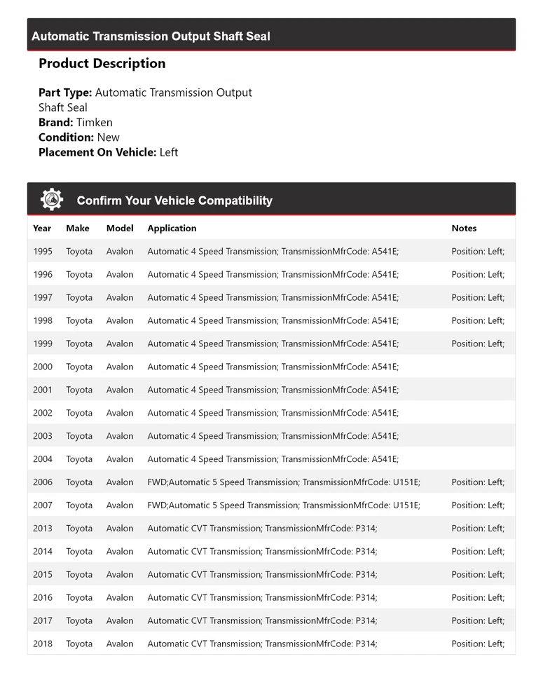Para 1995-04, 2006-07, 2013-18 Toyota Avalon transmisión automática eje de salida sello Timken Foto 2 de 4