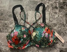 NWT VICTORIA'S SECRET 32C FLORAL BLACK SHINE STRAP BOMBSHELL PUSH UP BIKINI TOP