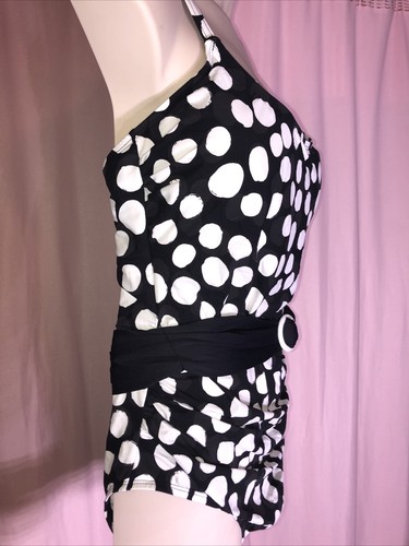 NWT - La Blanca 20W Black White Polka Dots 1 PC One-Piece Swimsuit Waist Tie E12 - Picture 5 of 13
