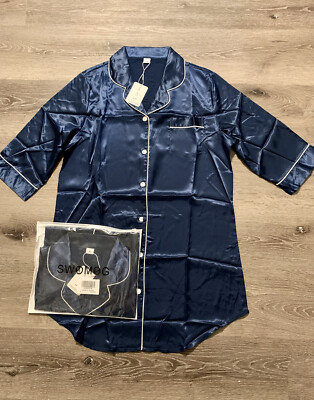 Swomog Women s Front Button Silk Sleep Nightshirt Pajama Shirt Navy Blue Medium 