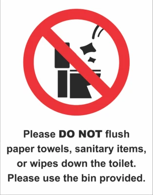 Sign Adhesive Sticker Notice Do Not Flush hygiene products wipes down toilet V2