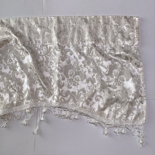 Damask Window Valance Ivory Floral Scalloped Tassels 54" x 18" Rod Pocket - Picture 4 of 11