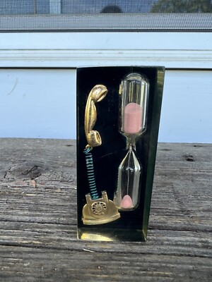 Retro Lucite Encased Phone Sand 3 Minute Timer Paper Weight Gag gift 