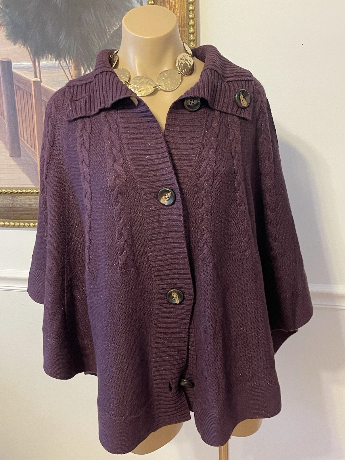 NWT Chico's Capelet Chianti Poncho Button Sweater Deep Berry Sz L/XL GORGEOUS