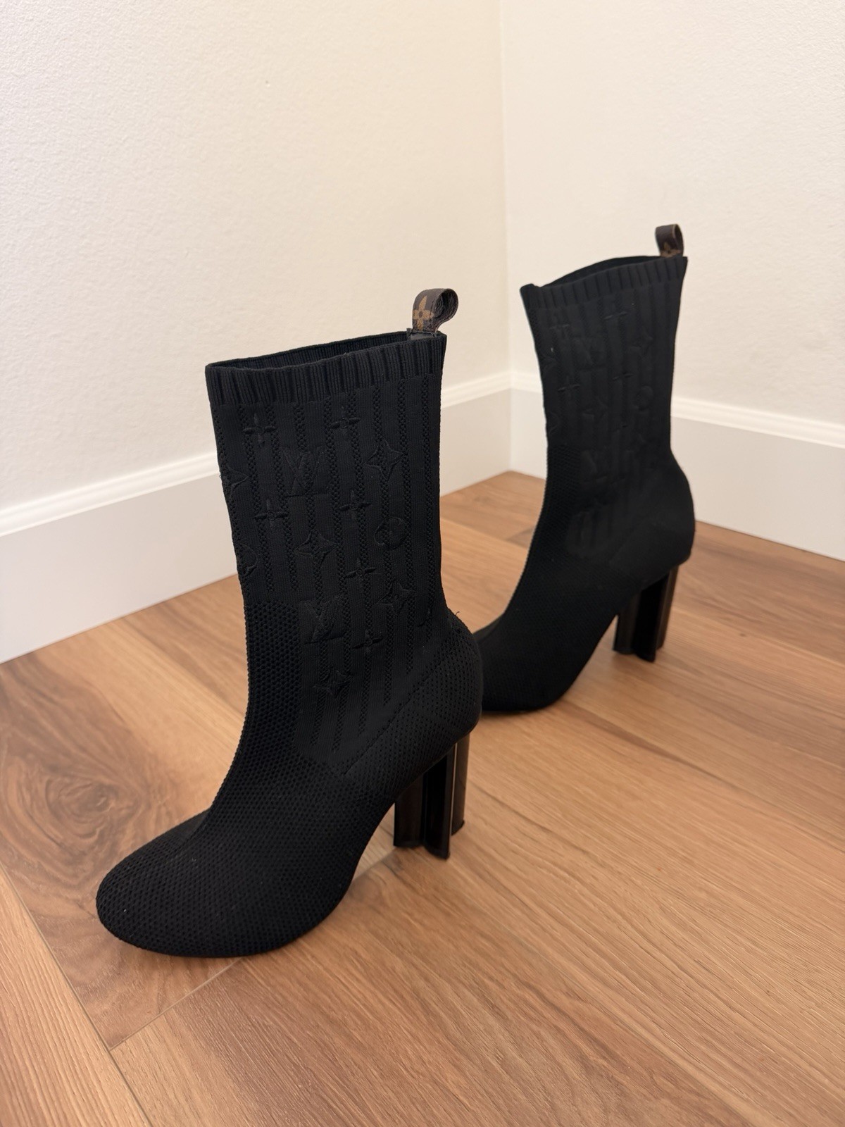 LOUIS VUITTON Silhouette Ankle Boots in black monogram embroidered stretch Fabic