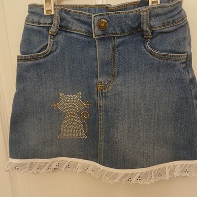 Carter's Girls Blue Denim A-Line Mini Skirt 6/6X Cat Rhinestone Ruffle Hem