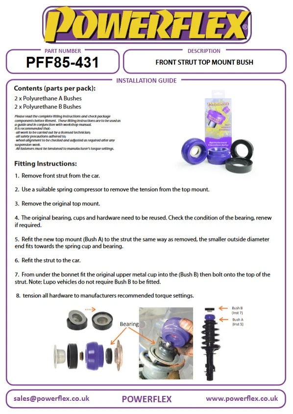 Soportes superiores de puntal delantero POWERFLEX -10 mm con rodamientos para AUDI A1 Mk1 2x2 2010 encendido - Imagen 2 de 2