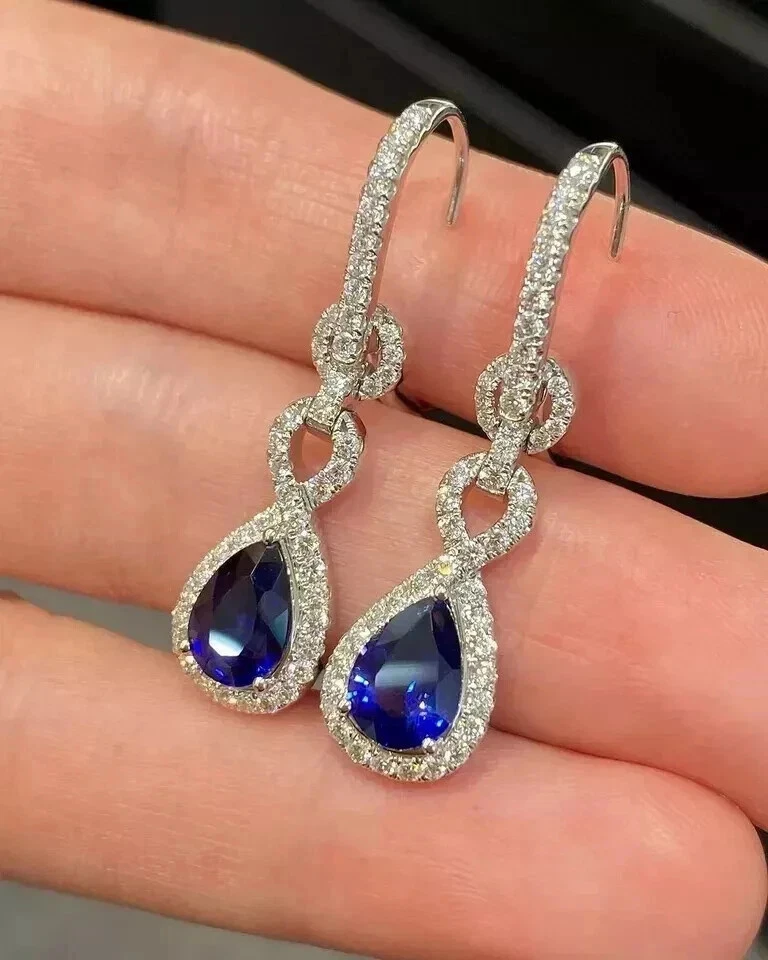 Pendiente de diamantes de zafiro azul natural talla pera de 4,00 quilates de oro blanco real de 14 quilates Foto 3 de 4