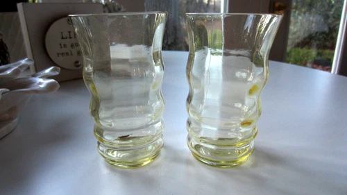 2 Anchor Hocking Block Optic Yellow Vaseline Glass 4 oz Tumbler 1929-33