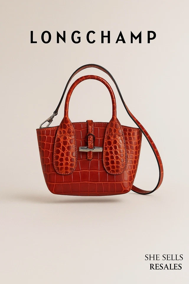 Bolso de Hombro Longchamp Roseau Mine Croc Cuero Repujado Rojo Mermelada Nuevo con Etiquetas $495 Foto 2 de 4