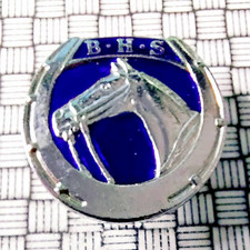 Vintage BHS British Horse Society Silver Tone Enamel Brooch Badge 26mm Diameter