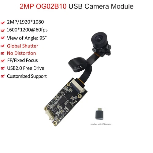 2MP USB Camera Module OG02B10 95 Degree No-Distortion Global shutter Fixed Focus