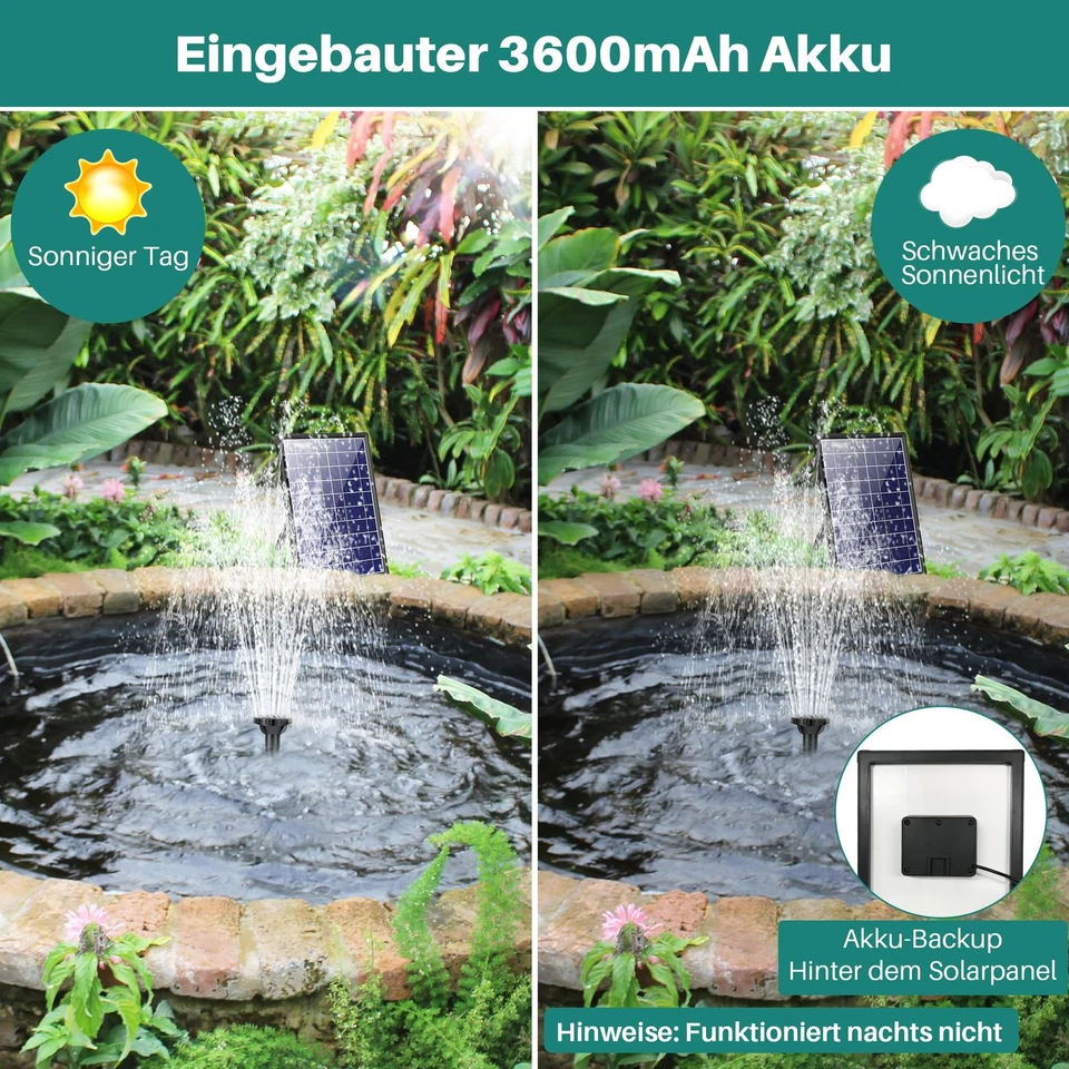 Biling 8W Solar Springbrunnen für außen mit 3600 mAh Batterie Solar Teichpumpe - Bild 2 von 4