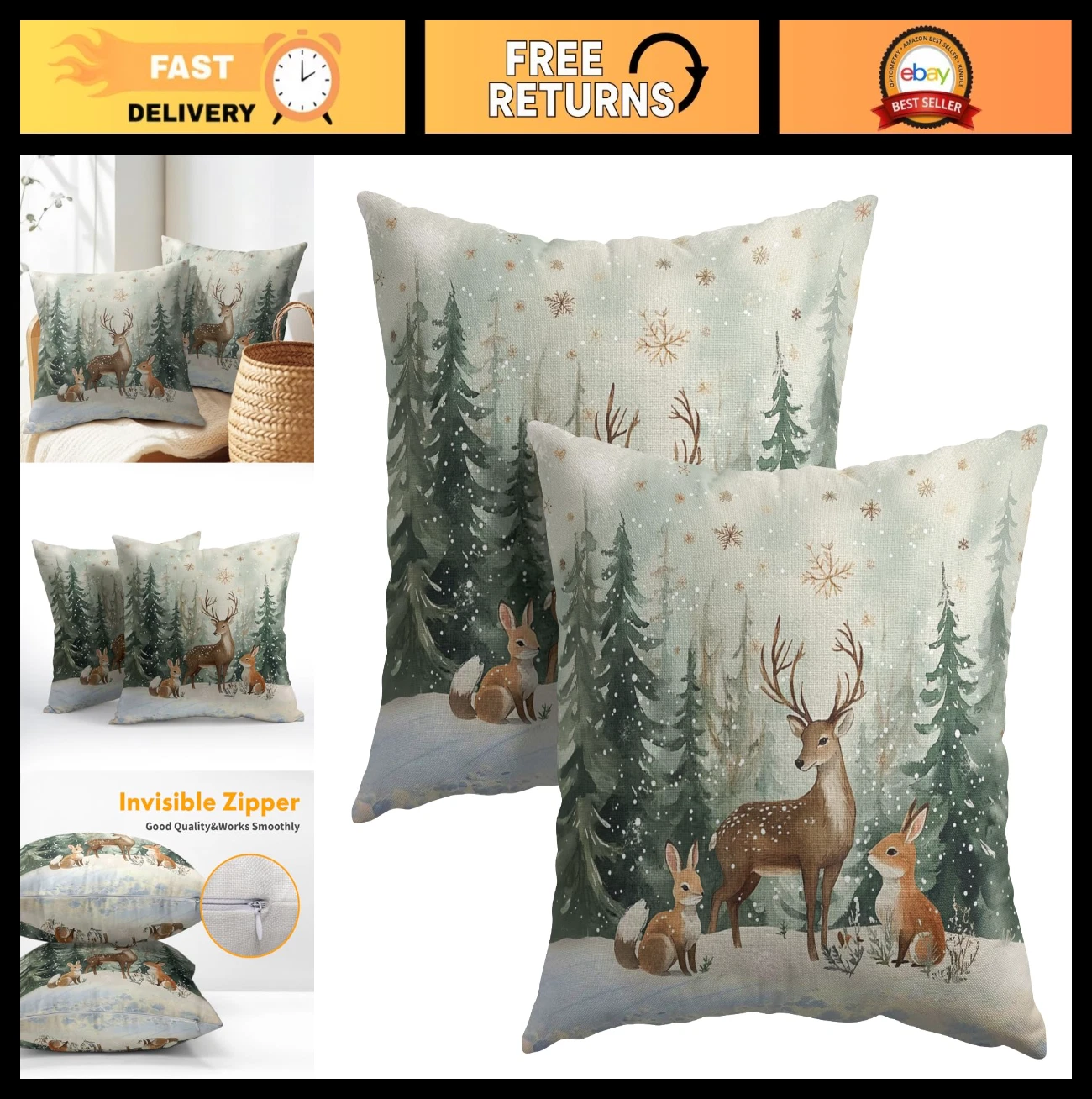 Winter Reindeer Throw Pillow Covers Set of 2 - 18x18 Inch Holiday Decor, Snowfla