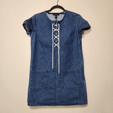 Forever 21 Lace Up Mini Denim Dress Short Sleeve Shift Blue Women's Size Small