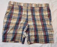 Bermuda Madras Shorts Vintage 70 s Tan White Blue Linen Blend sz 40 Authentic