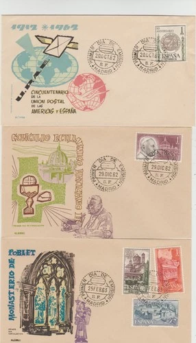 Spain 3 FDC 1962 UPAE Anniv, '62 Ecumenical Council, '63 Poblet Monastery