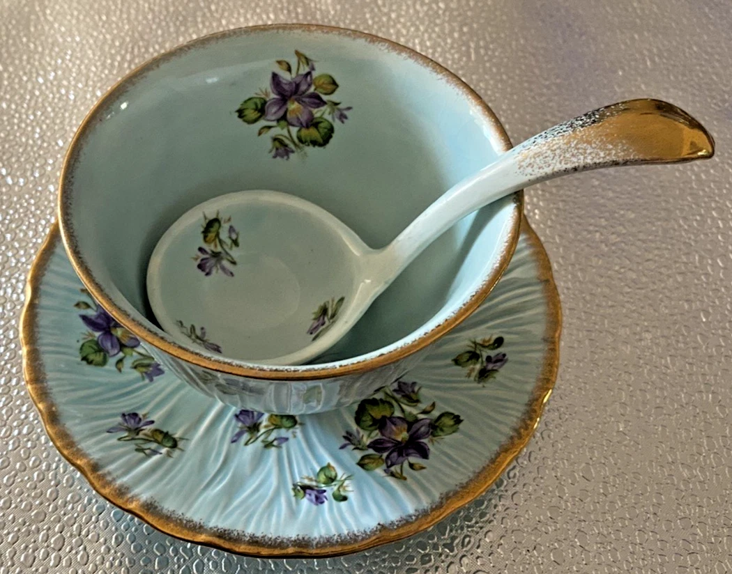 RARE Crown Ducal Violets 3pc Sauce Tureen & Ladle - Green Stamp c.1915 -