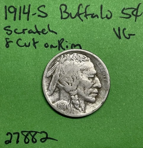 1914-S Buffalo 🦬 Indian Head Nickel 5c Vg Very Good Scratch & Rim Cut
