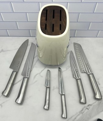 USED - Smeg KBSF01CR Stainless Steel 7-Piece Knife Block Set - Cream