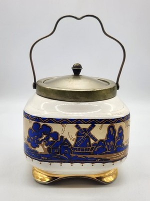 Vintage Regent Made in England Biscuit Barrel Blue Dutch Windmill Scene